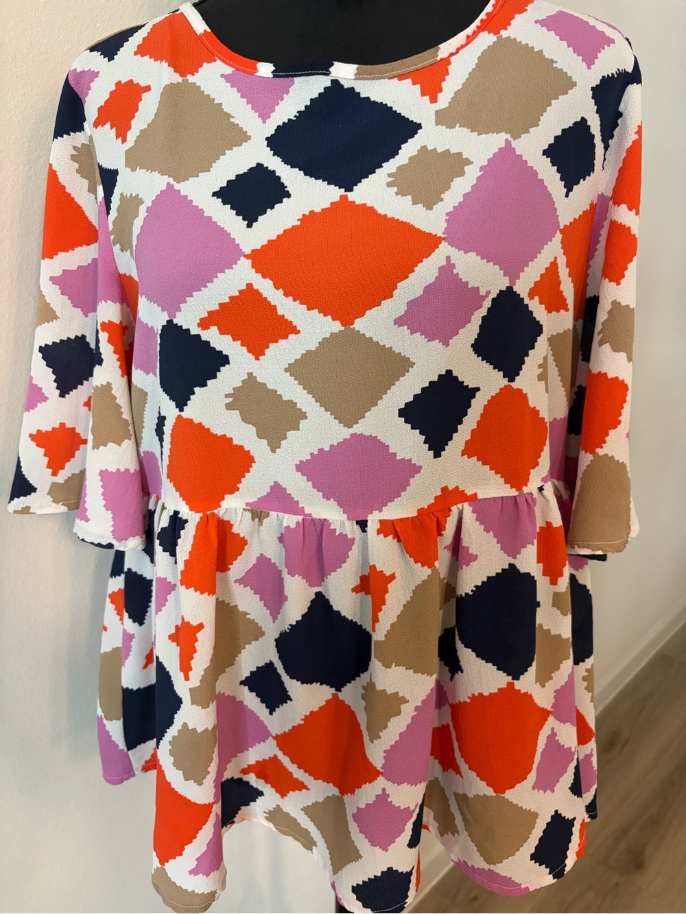 SHEIN Multicolor Geometric Peplum Top - Orange, Pink, Navy, Tan